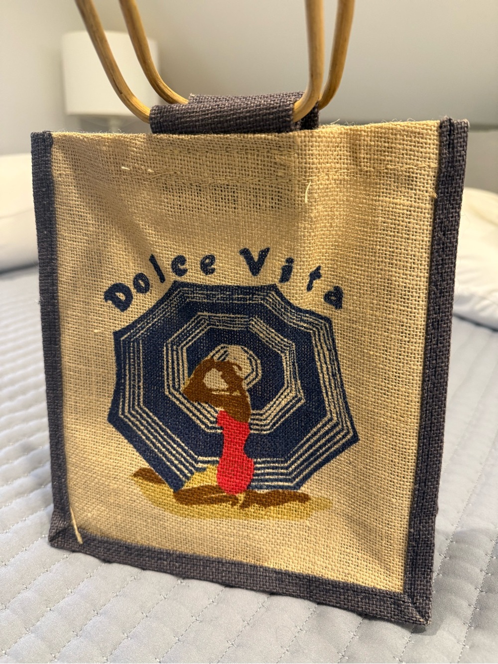 Source Unknown Beige Jute Tote with Navy Trim and Multicolor Embroidery - Picture 9 of 9
